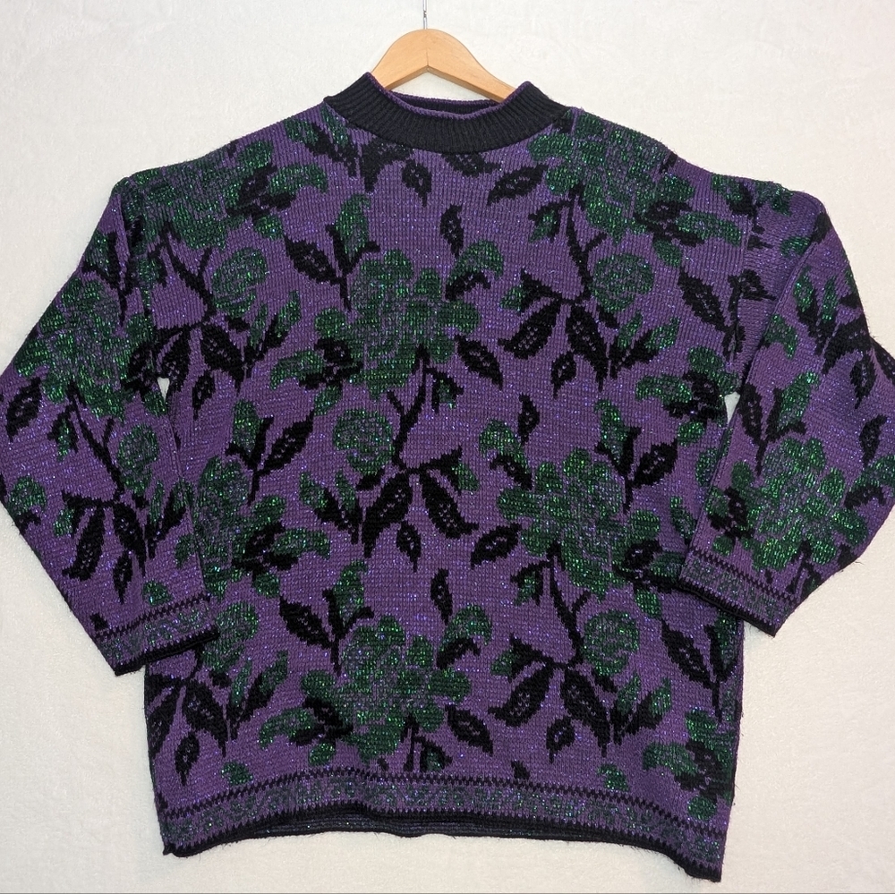 80s Floral Glitter Purple and Green Women's Sweater Large Madeβ in USA